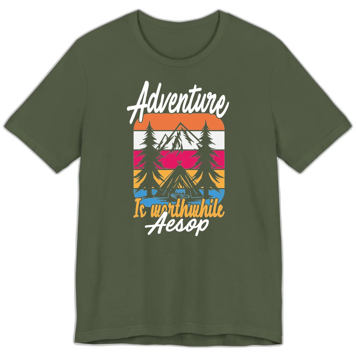 Retro layered mountain landscape with evergreen trees and 'Adventure Is Worthwhile Aesop' text in vintage style in Military Green
