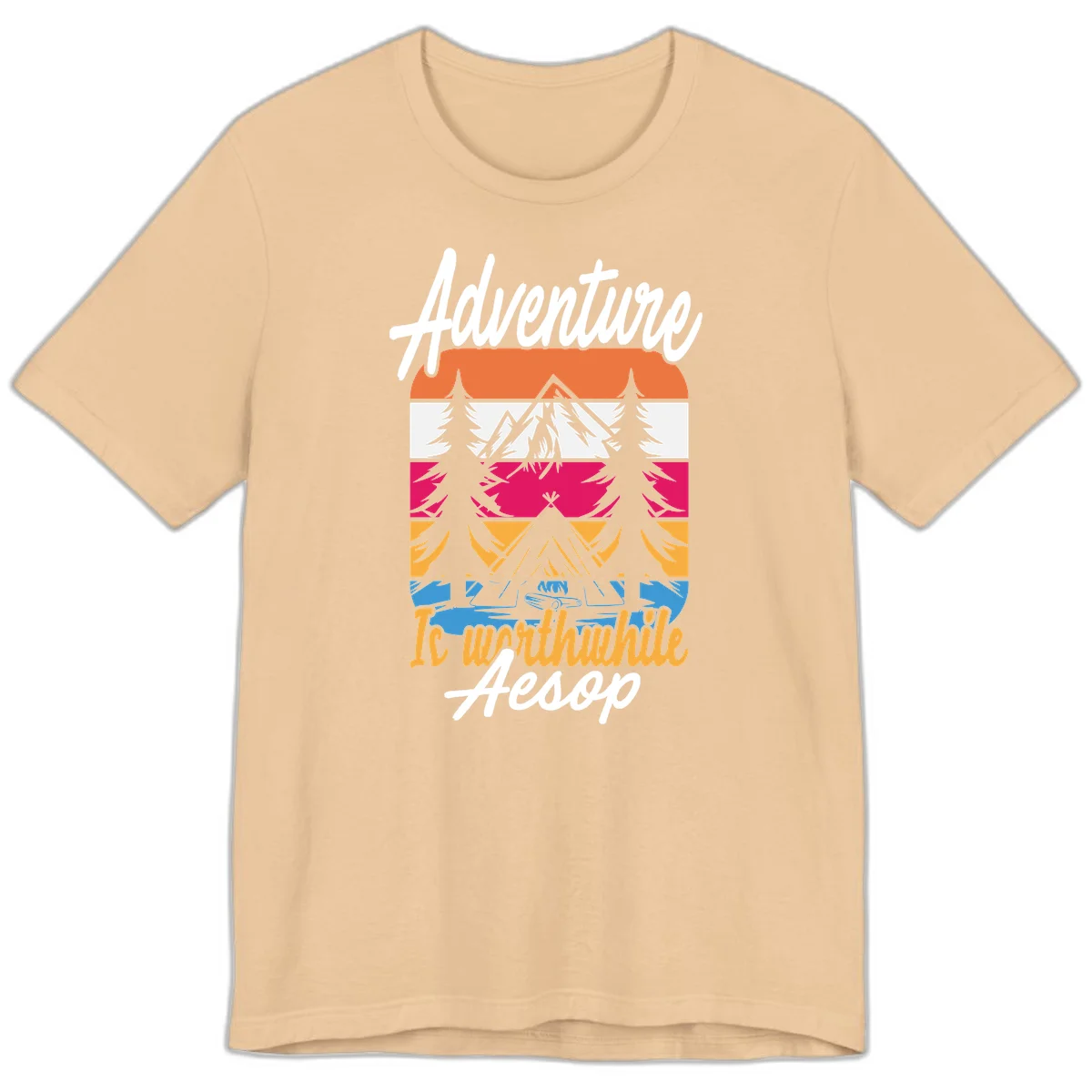 Retro layered mountain landscape with evergreen trees and 'Adventure Is Worthwhile Aesop' text in vintage style in Sand Dune