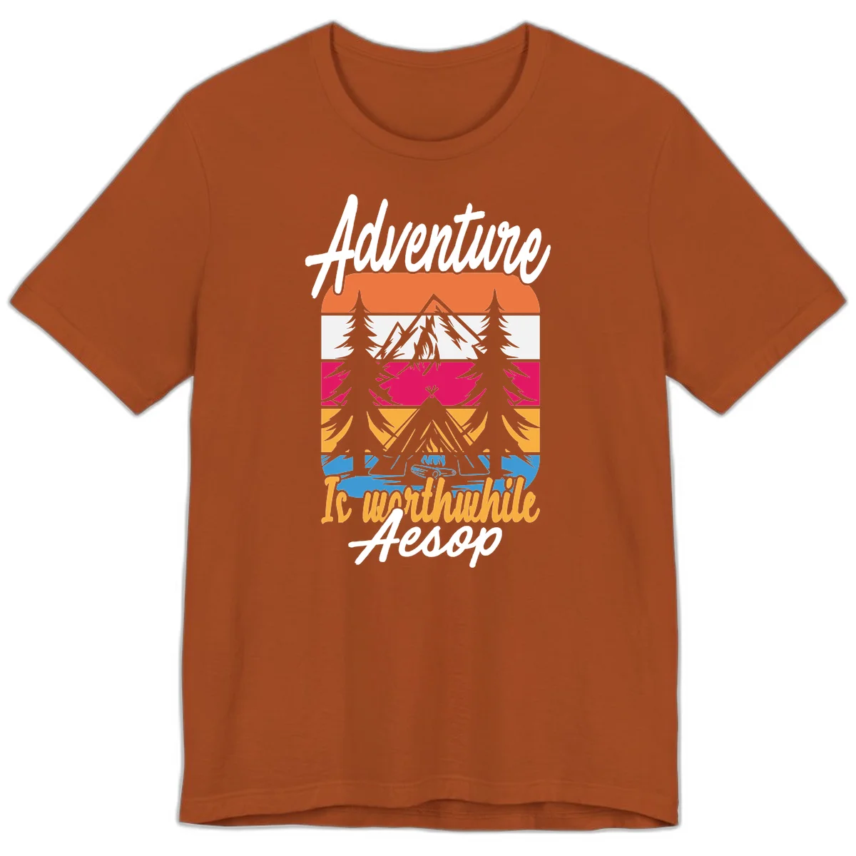 Retro layered mountain landscape with evergreen trees and 'Adventure Is Worthwhile Aesop' text in vintage style in Autumn