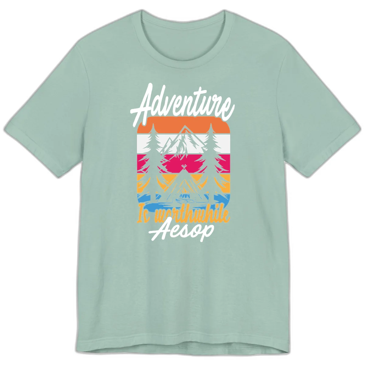 Retro layered mountain landscape with evergreen trees and 'Adventure Is Worthwhile Aesop' text in vintage style in Dusty Blue