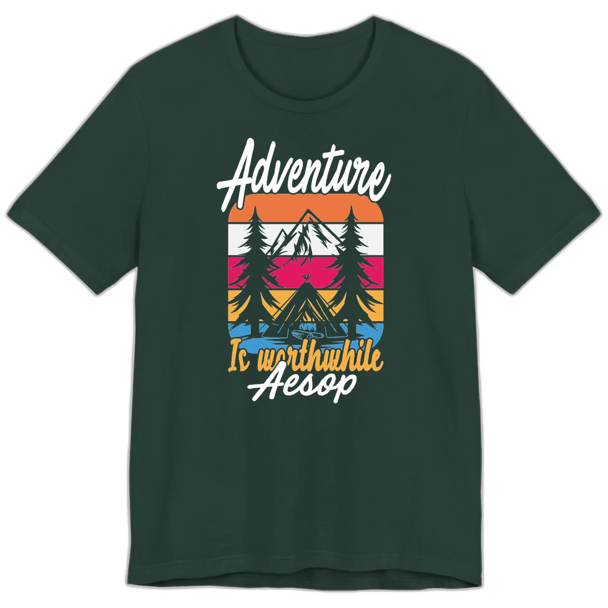Retro layered mountain landscape with evergreen trees and 'Adventure Is Worthwhile Aesop' text in vintage style in Forest