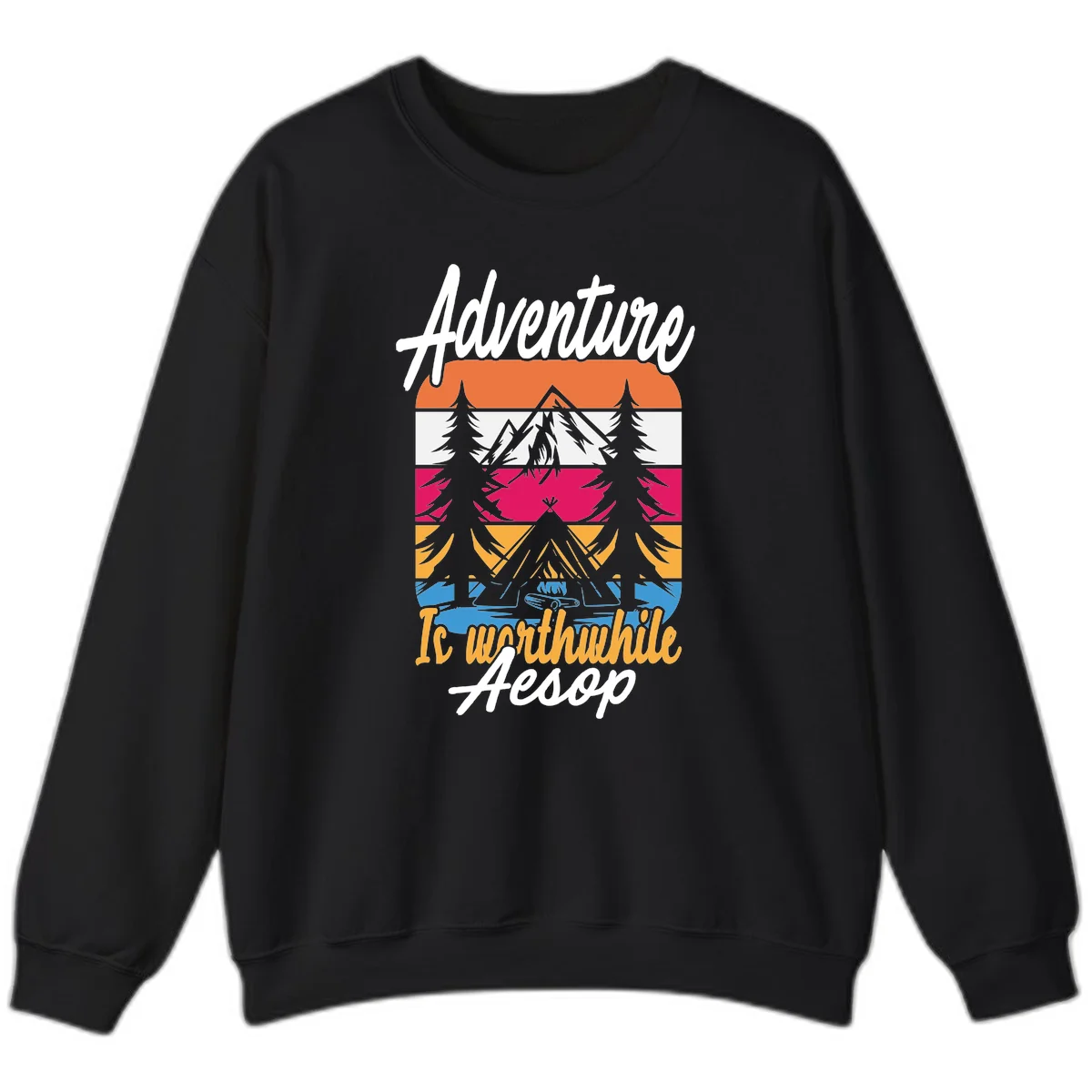 Retro layered mountain landscape with evergreen trees and 'Adventure Is Worthwhile Aesop' text in vintage style in Black