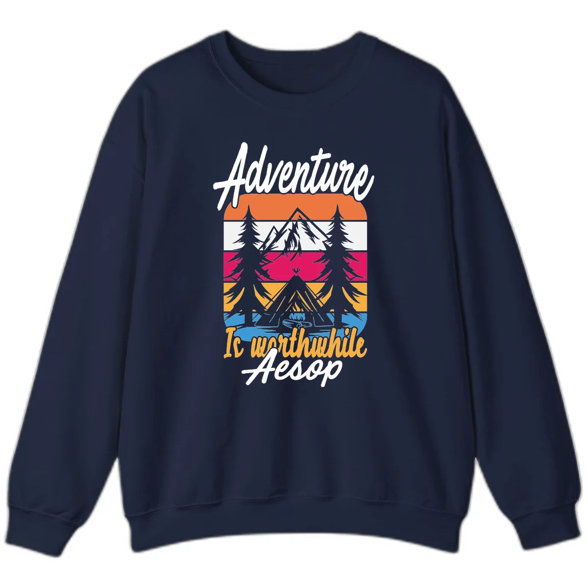 Retro layered mountain landscape with evergreen trees and 'Adventure Is Worthwhile Aesop' text in vintage style in Navy
