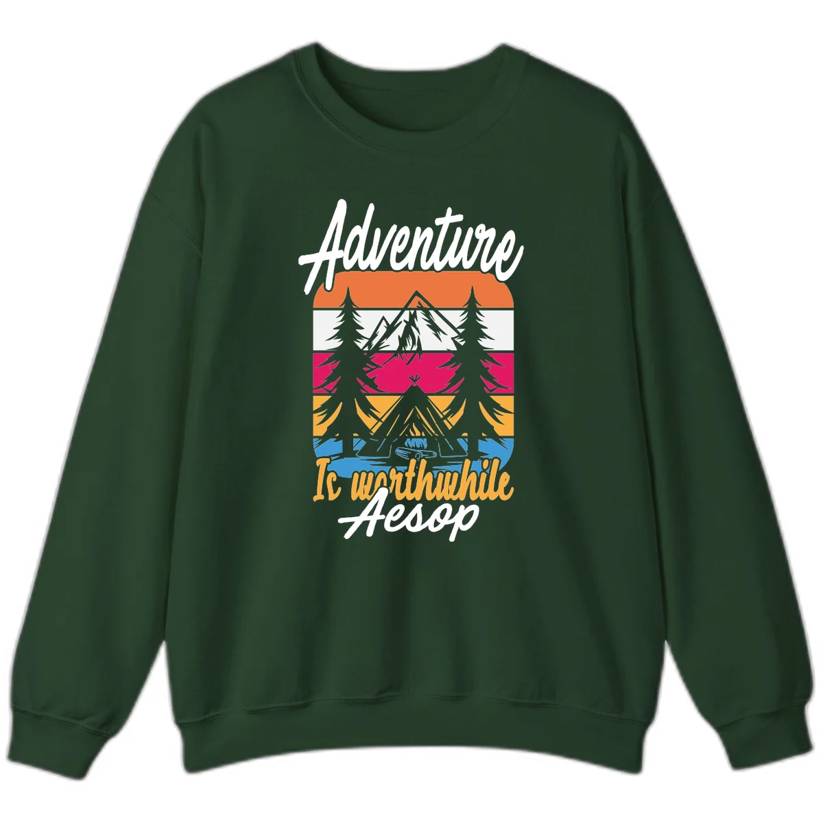 Retro layered mountain landscape with evergreen trees and 'Adventure Is Worthwhile Aesop' text in vintage style in Forest Green