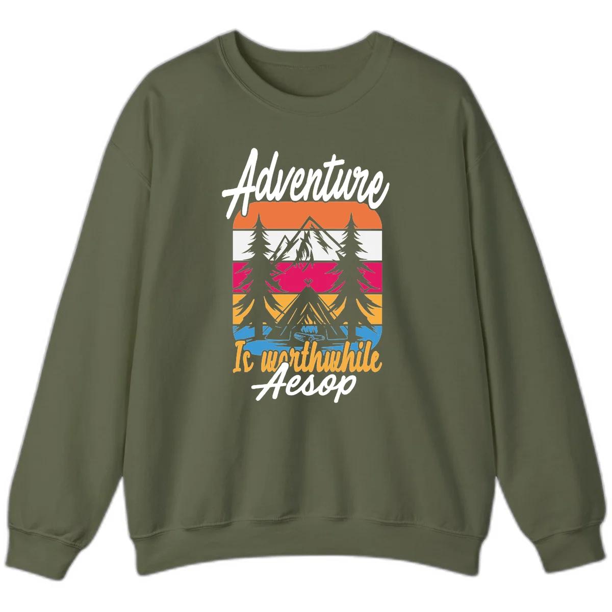 Retro layered mountain landscape with evergreen trees and 'Adventure Is Worthwhile Aesop' text in vintage style in Military Green