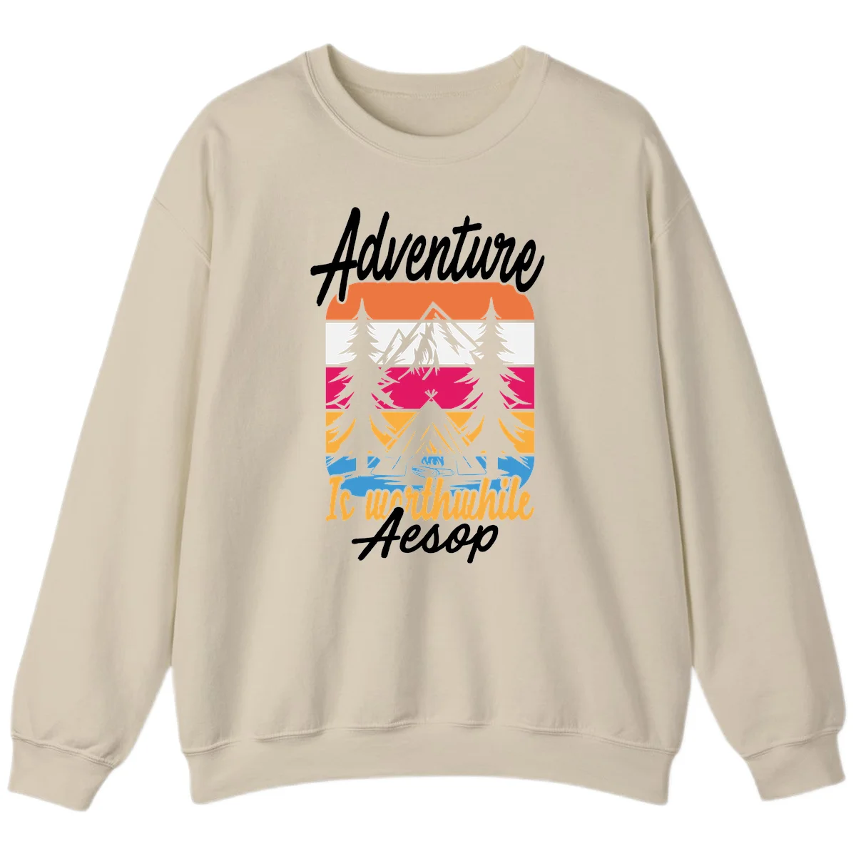 Retro layered mountain landscape with evergreen trees and 'Adventure Is Worthwhile Aesop' text in vintage style in Sand
