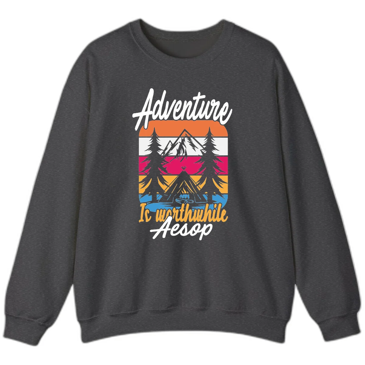 Retro layered mountain landscape with evergreen trees and 'Adventure Is Worthwhile Aesop' text in vintage style in Dark Heather