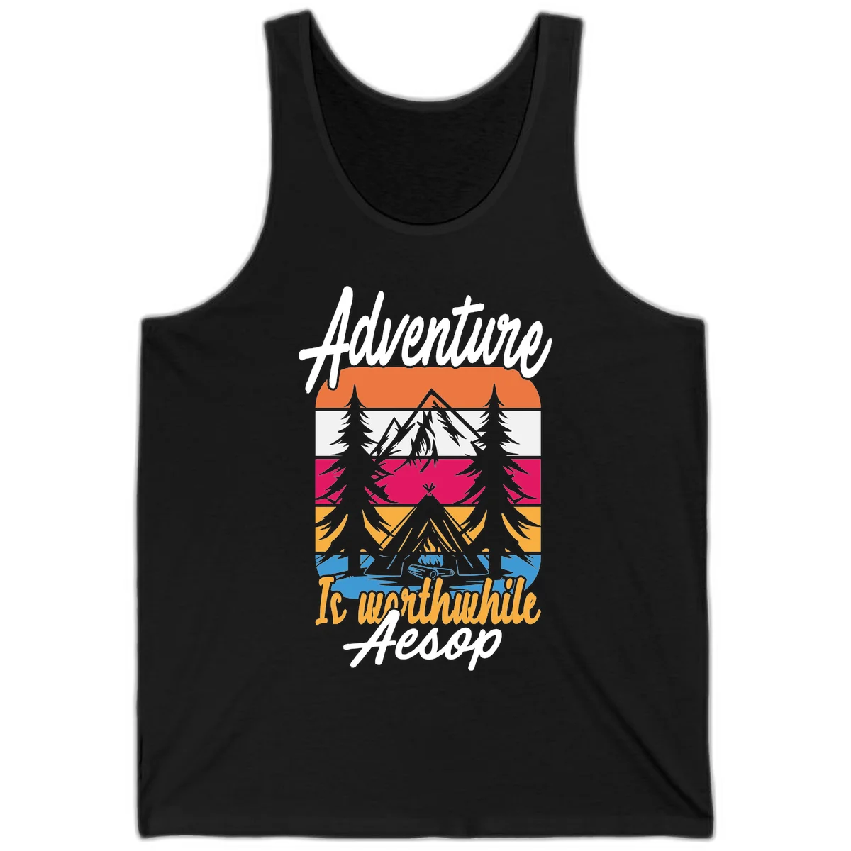 Retro layered mountain landscape with evergreen trees and 'Adventure Is Worthwhile Aesop' text in vintage style in Black