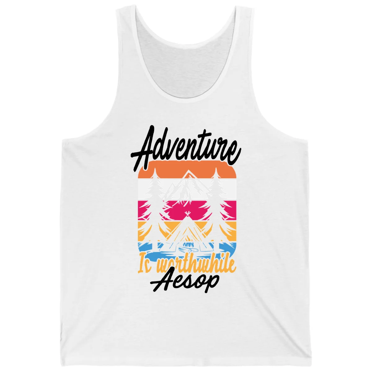 Retro layered mountain landscape with evergreen trees and 'Adventure Is Worthwhile Aesop' text in vintage style in White