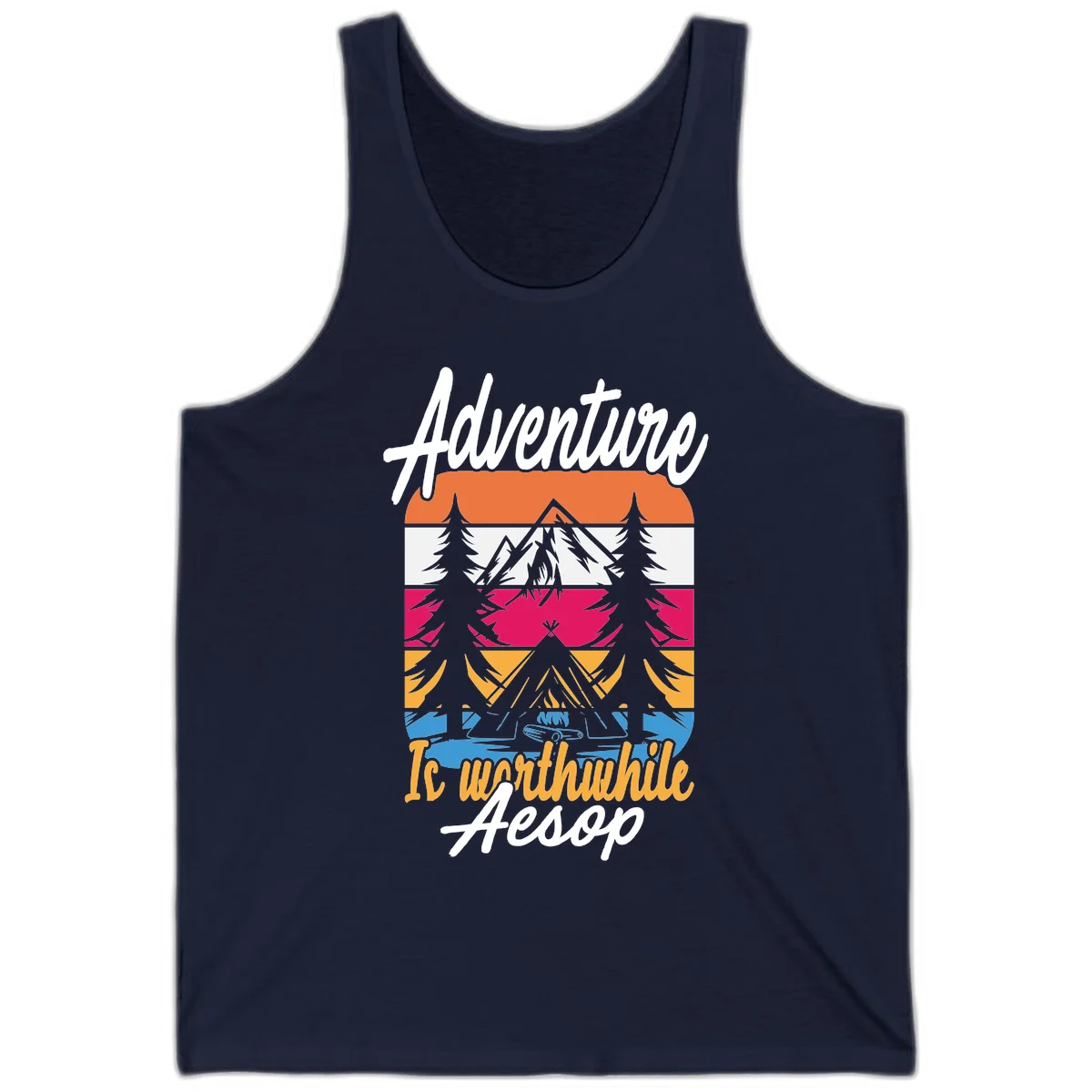 Retro layered mountain landscape with evergreen trees and 'Adventure Is Worthwhile Aesop' text in vintage style in Navy