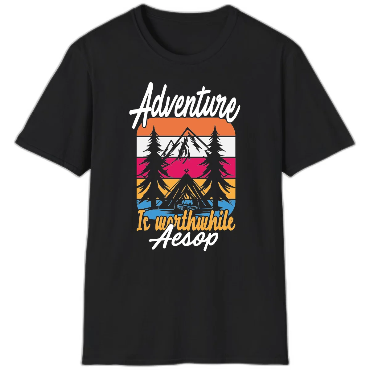 Retro layered mountain landscape with evergreen trees and 'Adventure Is Worthwhile Aesop' text in vintage style in Black