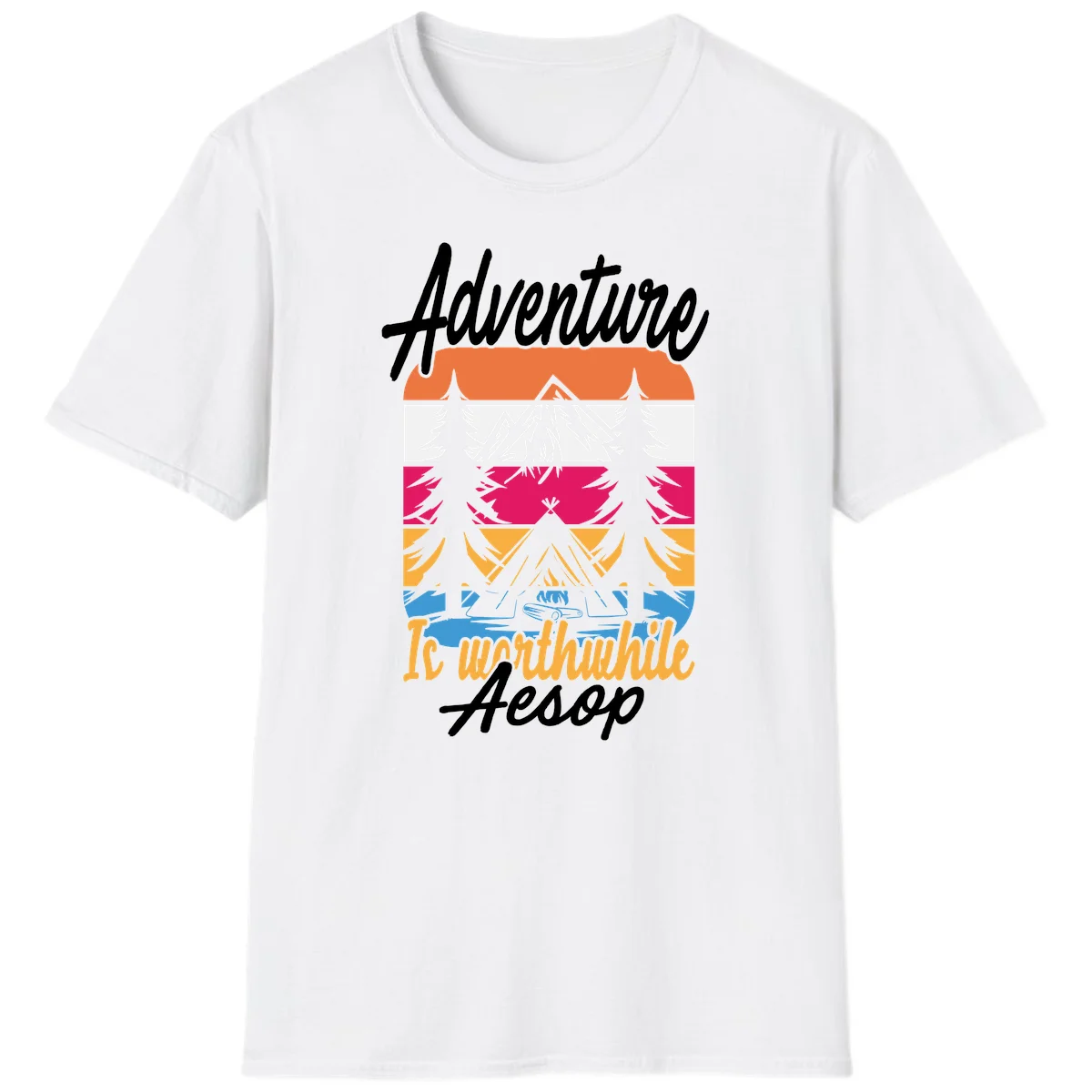 Retro layered mountain landscape with evergreen trees and 'Adventure Is Worthwhile Aesop' text in vintage style in White