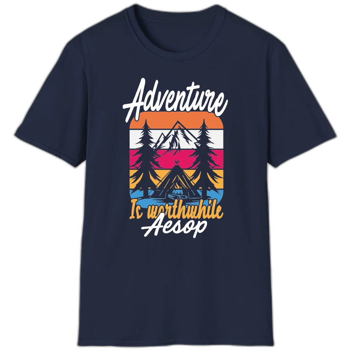 Retro layered mountain landscape with evergreen trees and 'Adventure Is Worthwhile Aesop' text in vintage style in Navy
