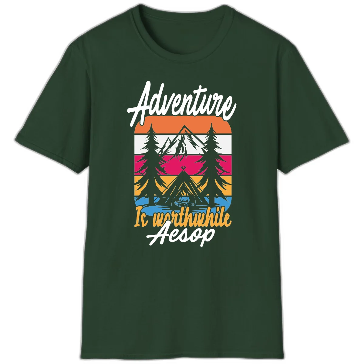 Retro layered mountain landscape with evergreen trees and 'Adventure Is Worthwhile Aesop' text in vintage style in Forest Green