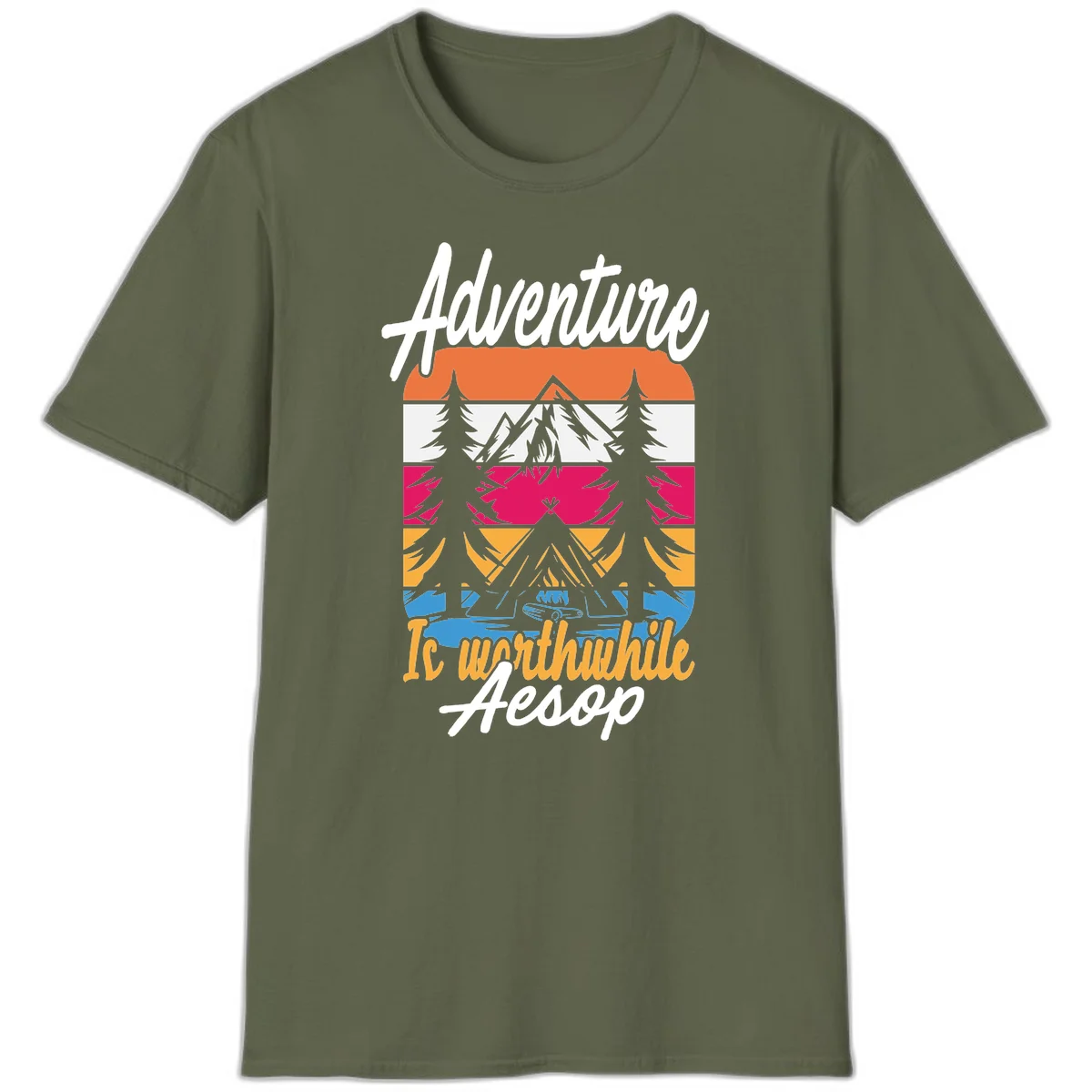 Retro layered mountain landscape with evergreen trees and 'Adventure Is Worthwhile Aesop' text in vintage style in Military Green