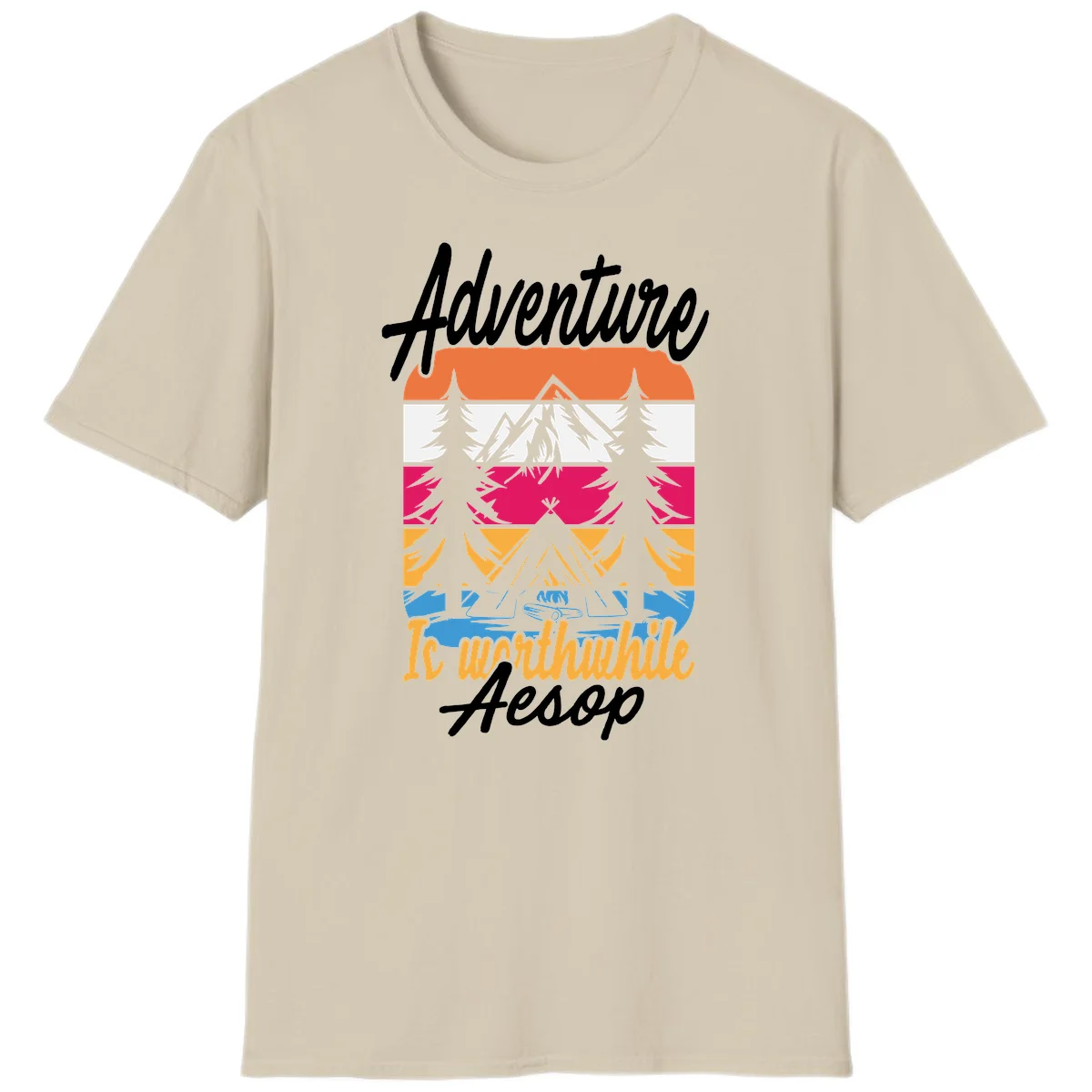 Retro layered mountain landscape with evergreen trees and 'Adventure Is Worthwhile Aesop' text in vintage style in Sand