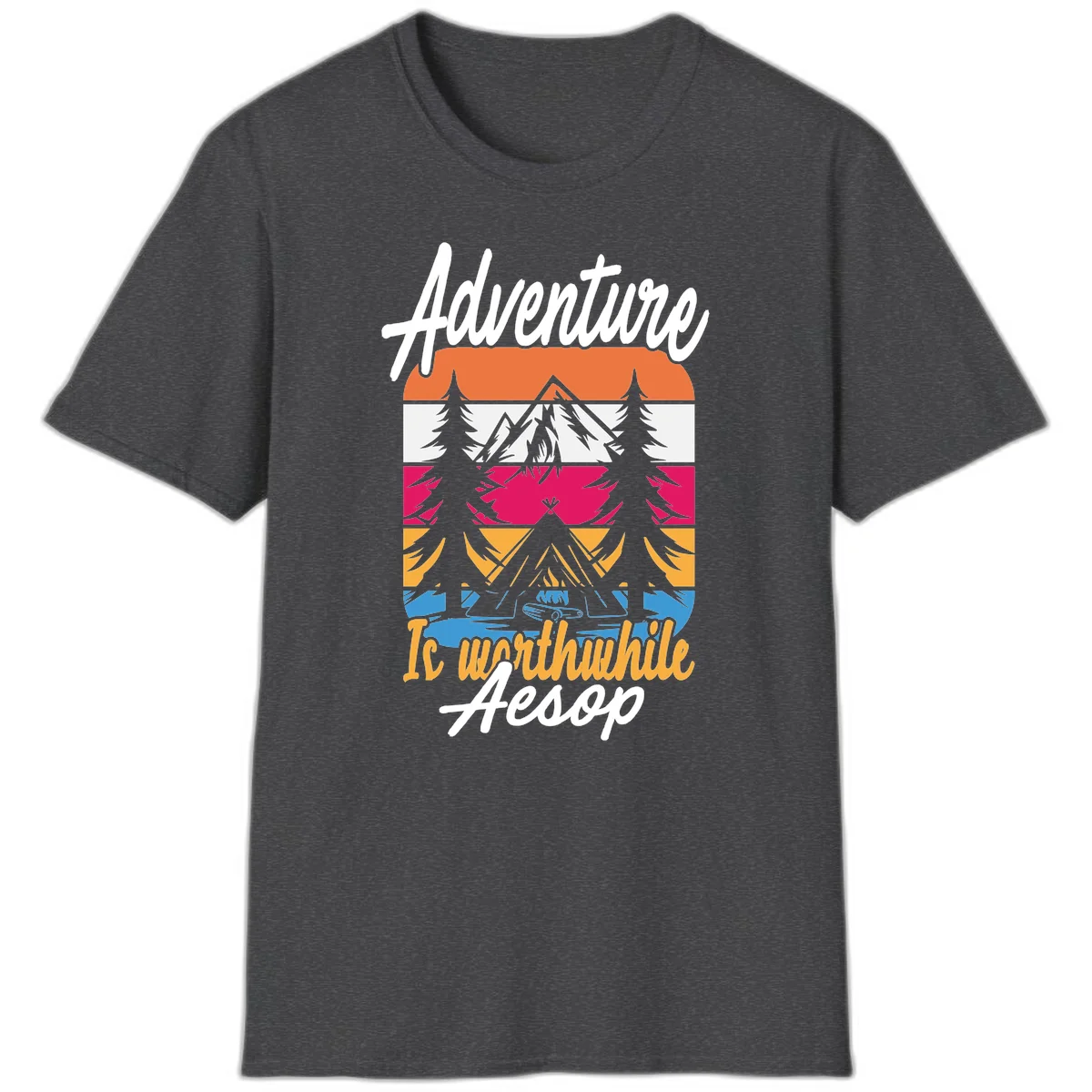 Retro layered mountain landscape with evergreen trees and 'Adventure Is Worthwhile Aesop' text in vintage style in Dark Heather
