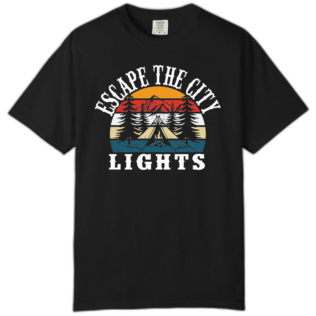 Circular badge with mountain peak, campfire, and layered landscape in orange, red, white, tan, and teal with 'Respect The Campfire Lights' text. in Black