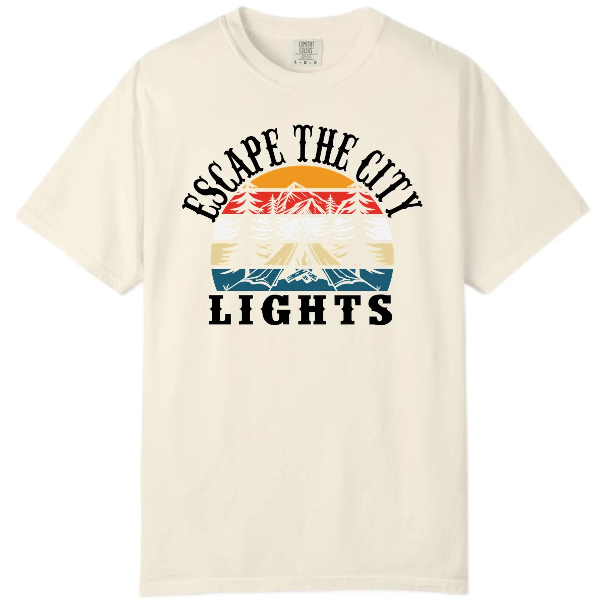 Circular badge with mountain peak, campfire, and layered landscape in orange, red, white, tan, and teal with 'Respect The Campfire Lights' text. in Ivory