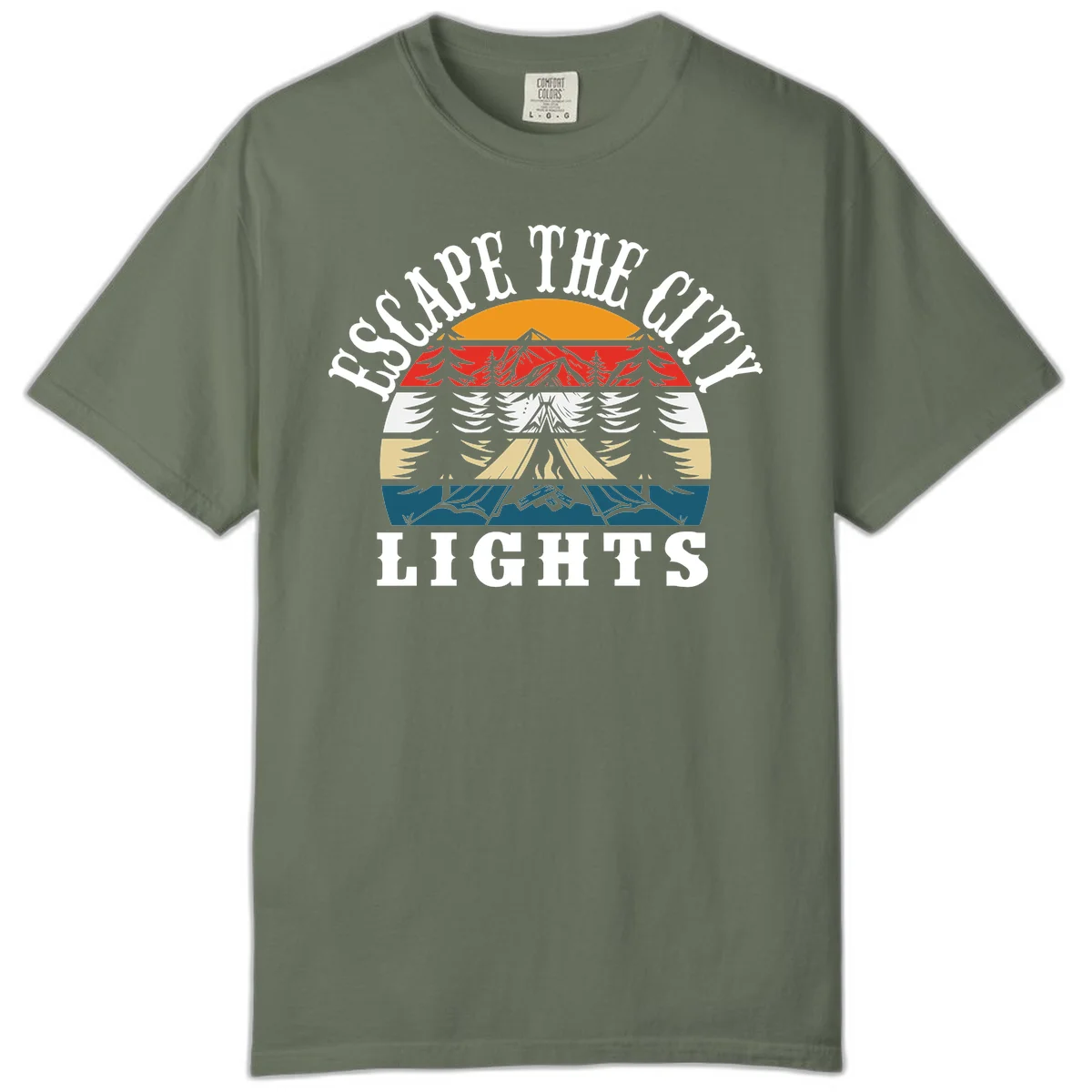 Circular badge with mountain peak, campfire, and layered landscape in orange, red, white, tan, and teal with 'Respect The Campfire Lights' text. in Moss