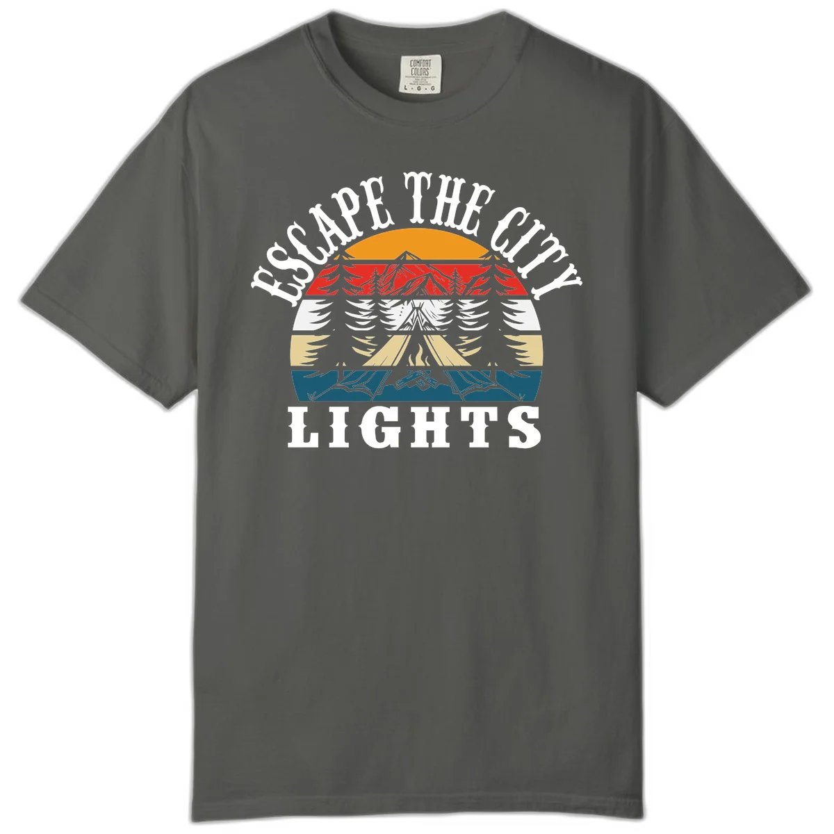 Circular badge with mountain peak, campfire, and layered landscape in orange, red, white, tan, and teal with 'Respect The Campfire Lights' text. in Pepper