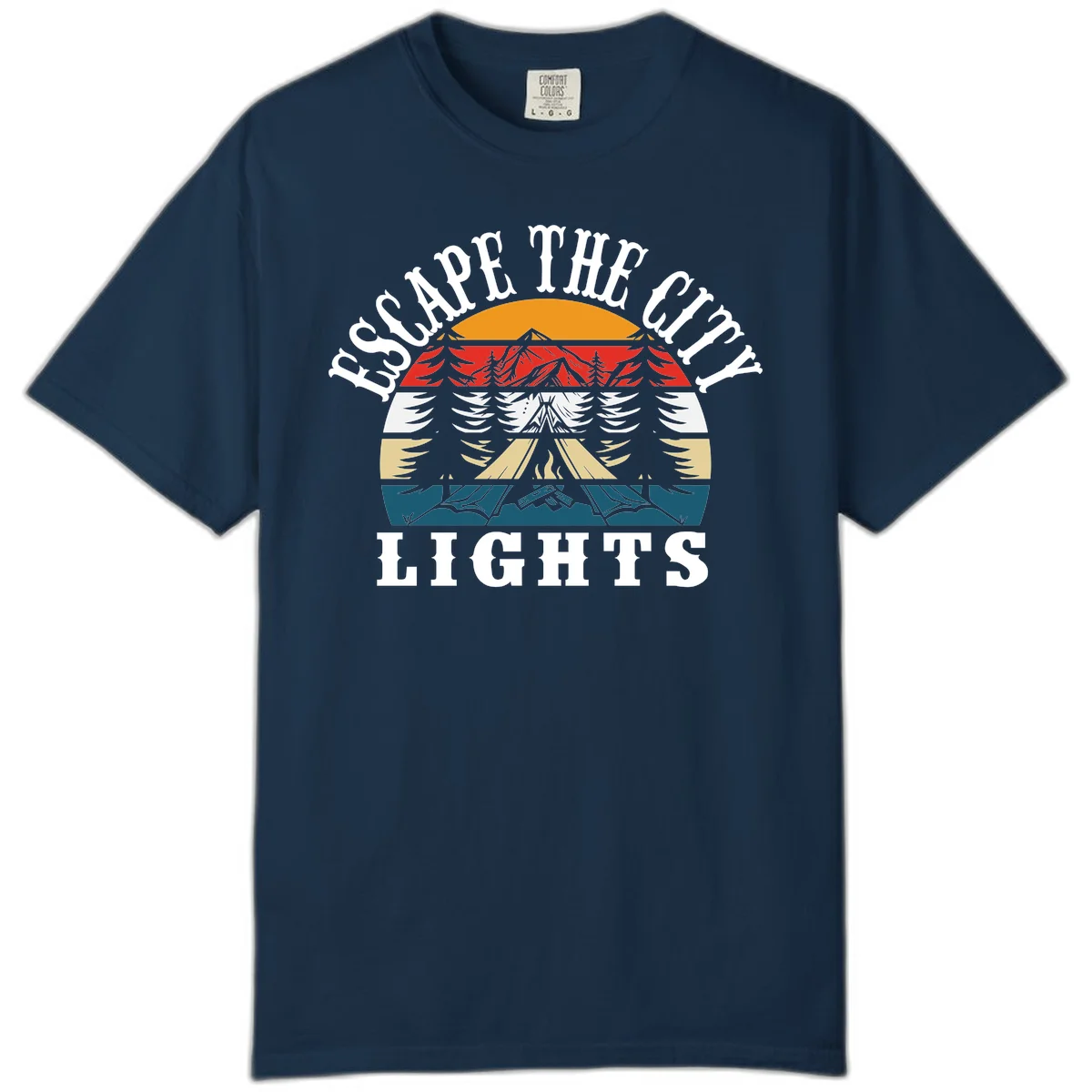 Circular badge with mountain peak, campfire, and layered landscape in orange, red, white, tan, and teal with 'Respect The Campfire Lights' text. in True Navy