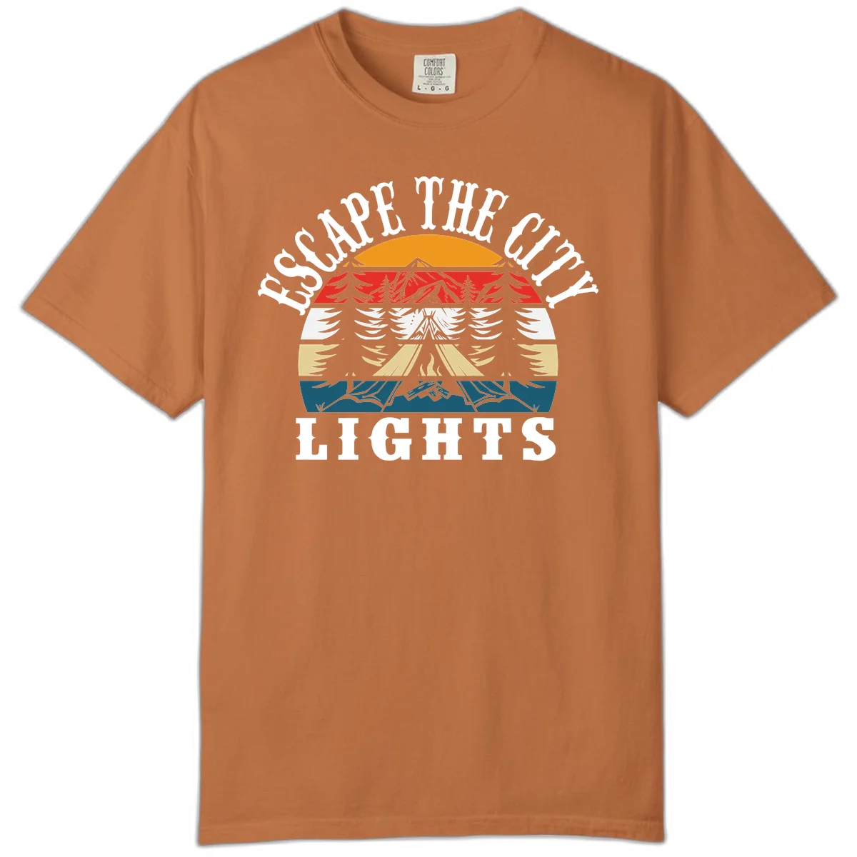 Circular badge with mountain peak, campfire, and layered landscape in orange, red, white, tan, and teal with 'Respect The Campfire Lights' text. in Yam