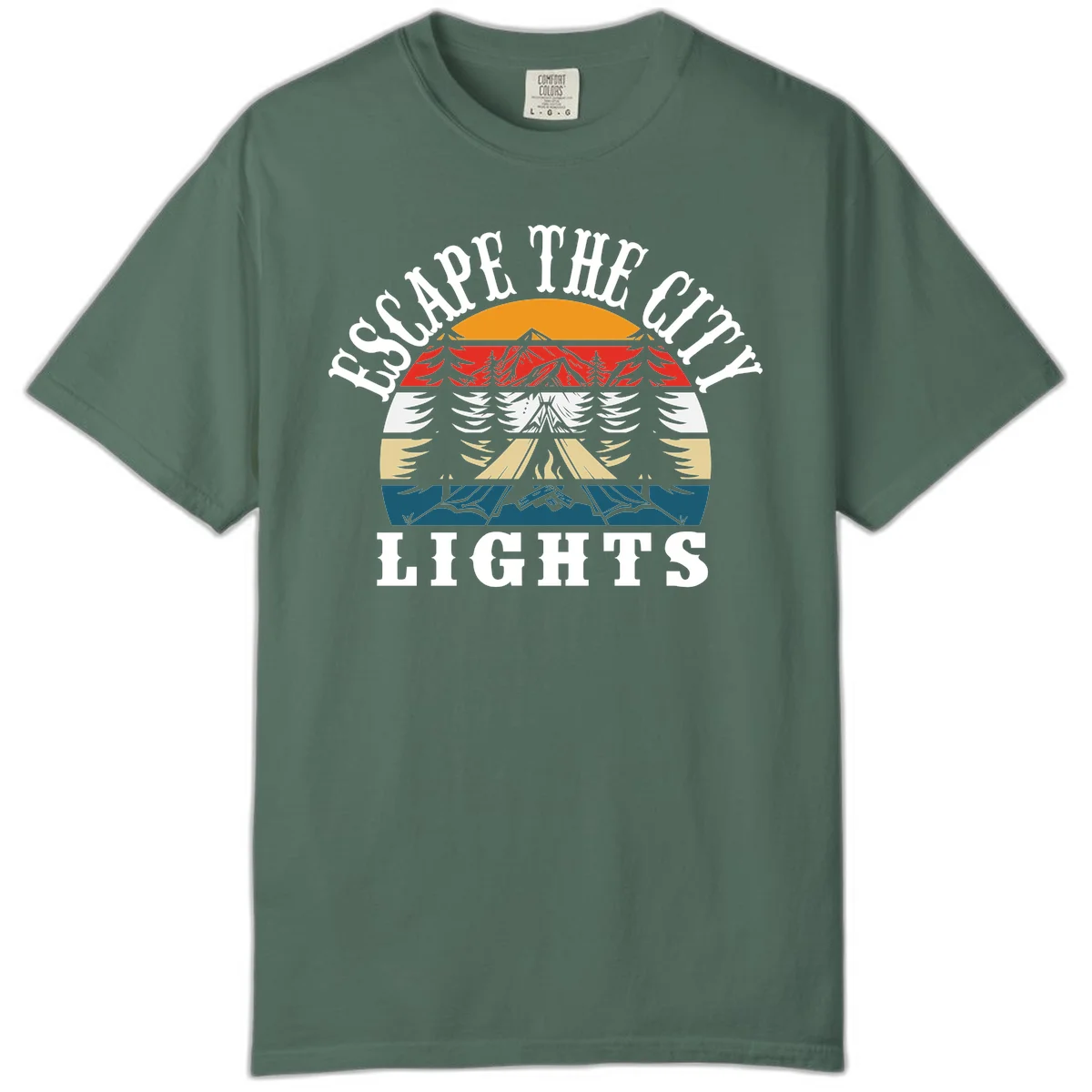 Circular badge with mountain peak, campfire, and layered landscape in orange, red, white, tan, and teal with 'Respect The Campfire Lights' text. in Blue Spruce