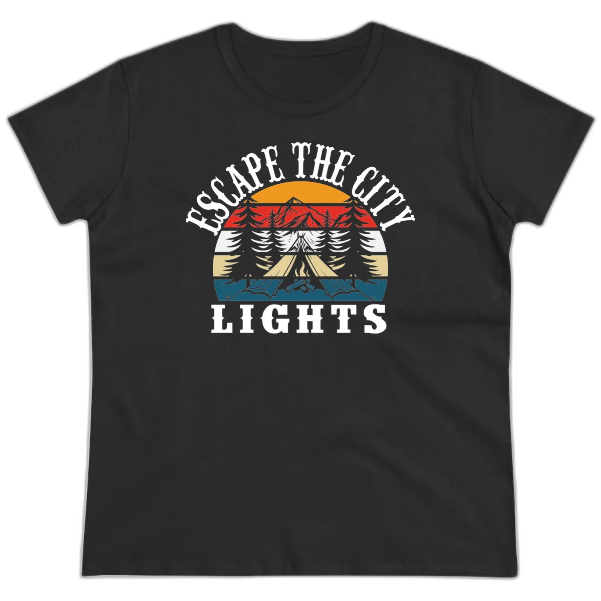 Circular badge with mountain peak, campfire, and layered landscape in orange, red, white, tan, and teal with 'Respect The Campfire Lights' text. in Black