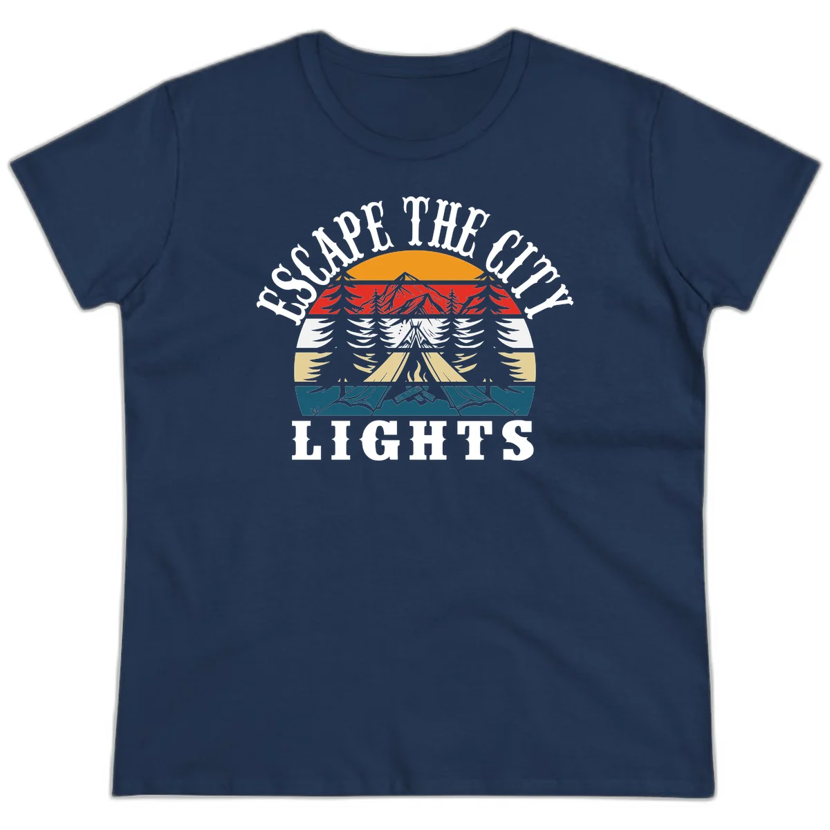 Circular badge with mountain peak, campfire, and layered landscape in orange, red, white, tan, and teal with 'Respect The Campfire Lights' text. in Navy