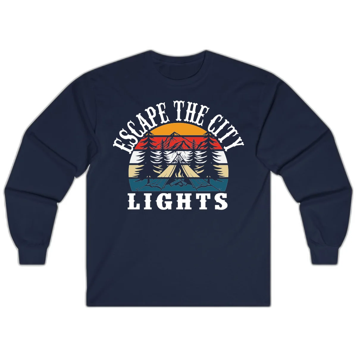 Circular badge with mountain peak, campfire, and layered landscape in orange, red, white, tan, and teal with 'Respect The Campfire Lights' text. in Navy