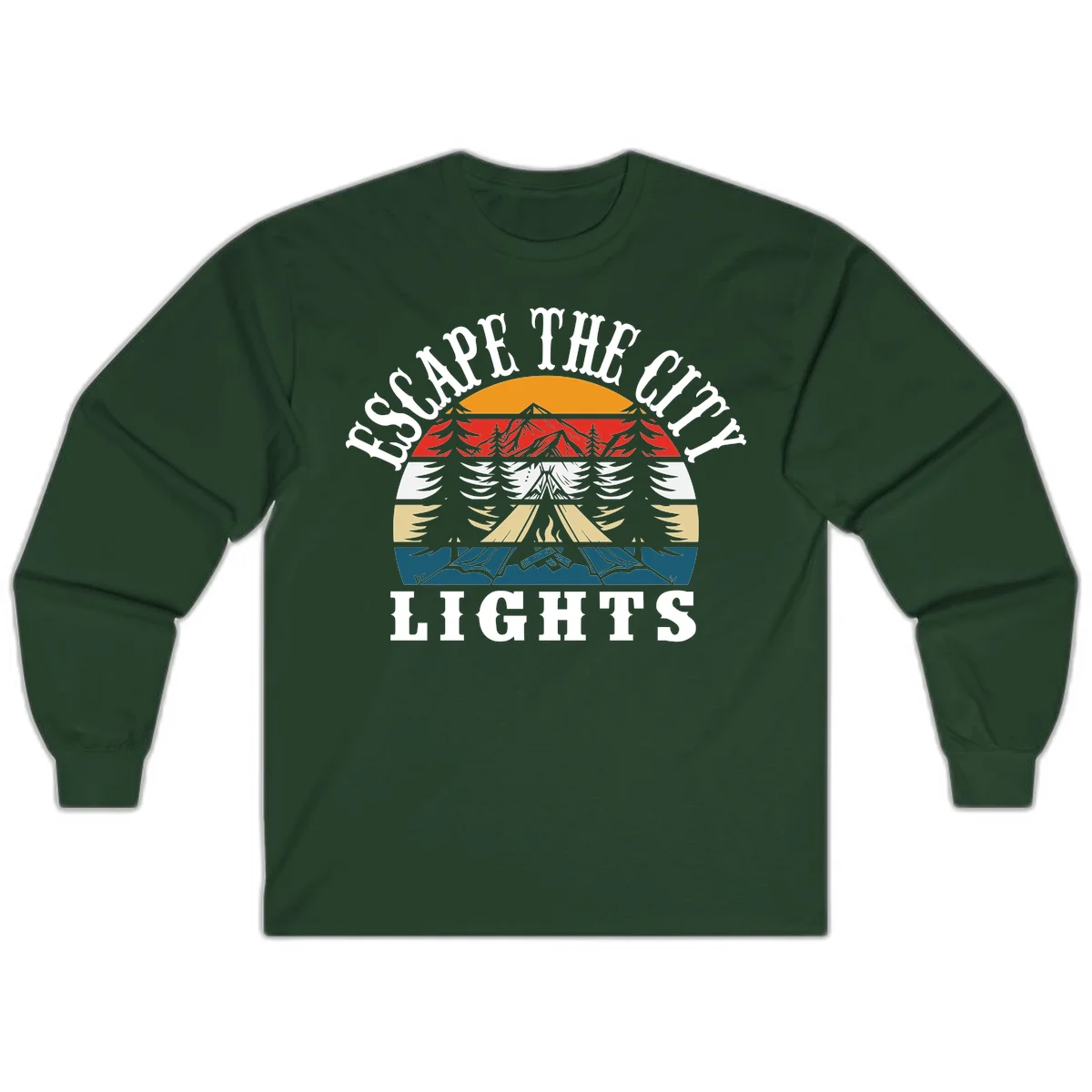 Circular badge with mountain peak, campfire, and layered landscape in orange, red, white, tan, and teal with 'Respect The Campfire Lights' text. in Forest Green