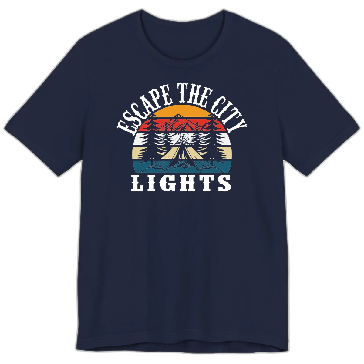 Circular badge with mountain peak, campfire, and layered landscape in orange, red, white, tan, and teal with 'Respect The Campfire Lights' text. in Navy
