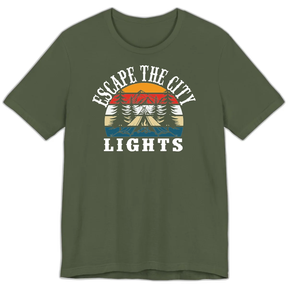 Circular badge with mountain peak, campfire, and layered landscape in orange, red, white, tan, and teal with 'Respect The Campfire Lights' text. in Military Green
