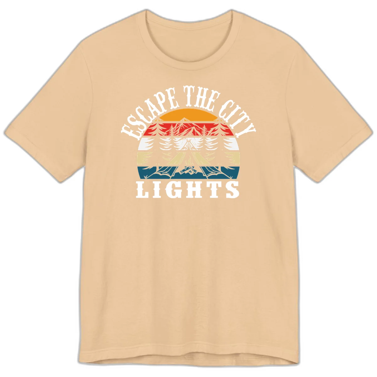 Circular badge with mountain peak, campfire, and layered landscape in orange, red, white, tan, and teal with 'Respect The Campfire Lights' text. in Sand Dune