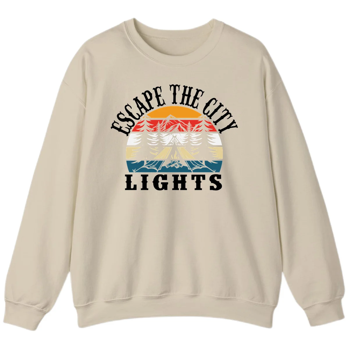 Circular badge with mountain peak, campfire, and layered landscape in orange, red, white, tan, and teal with 'Respect The Campfire Lights' text. in Sand