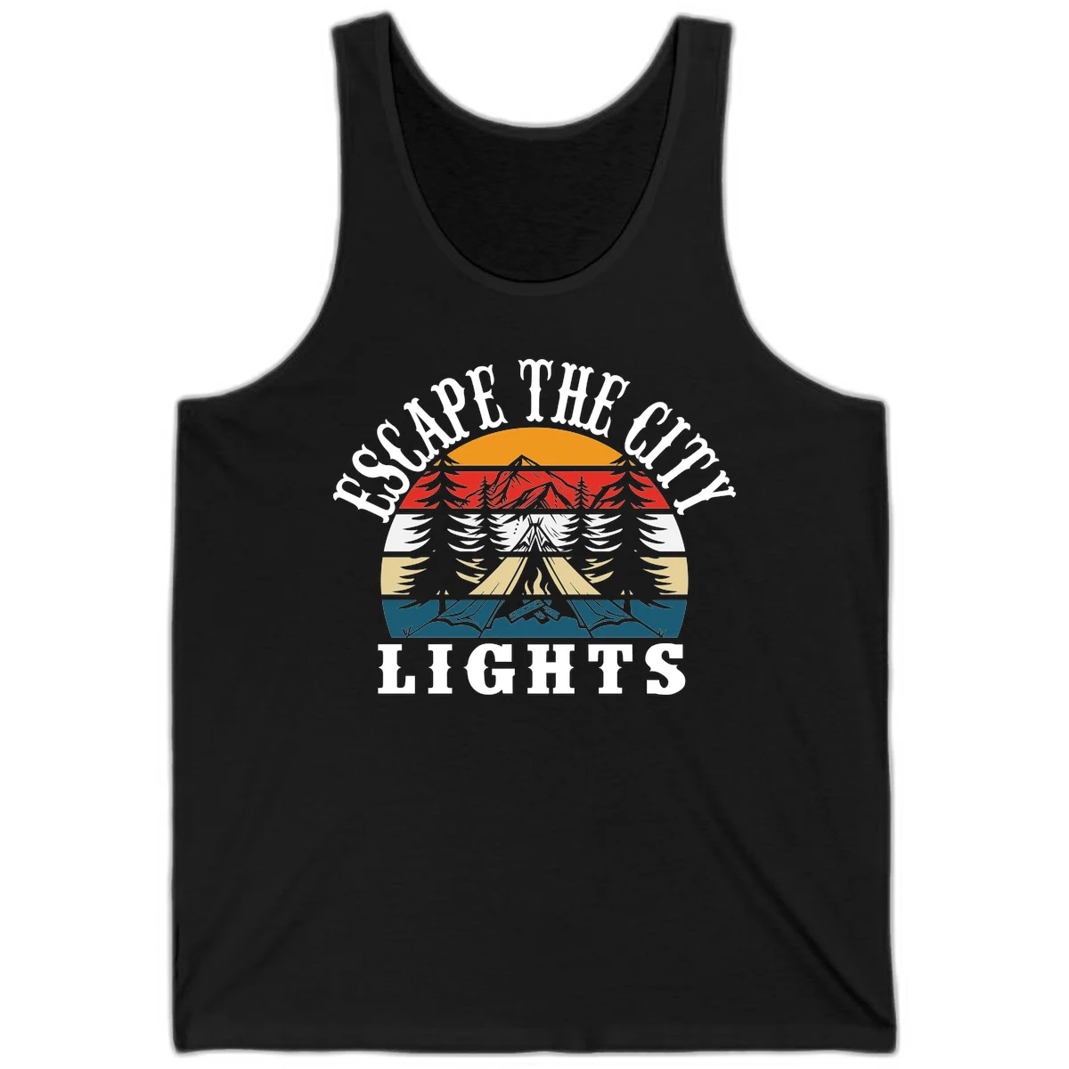 Circular badge with mountain peak, campfire, and layered landscape in orange, red, white, tan, and teal with 'Respect The Campfire Lights' text. in Black