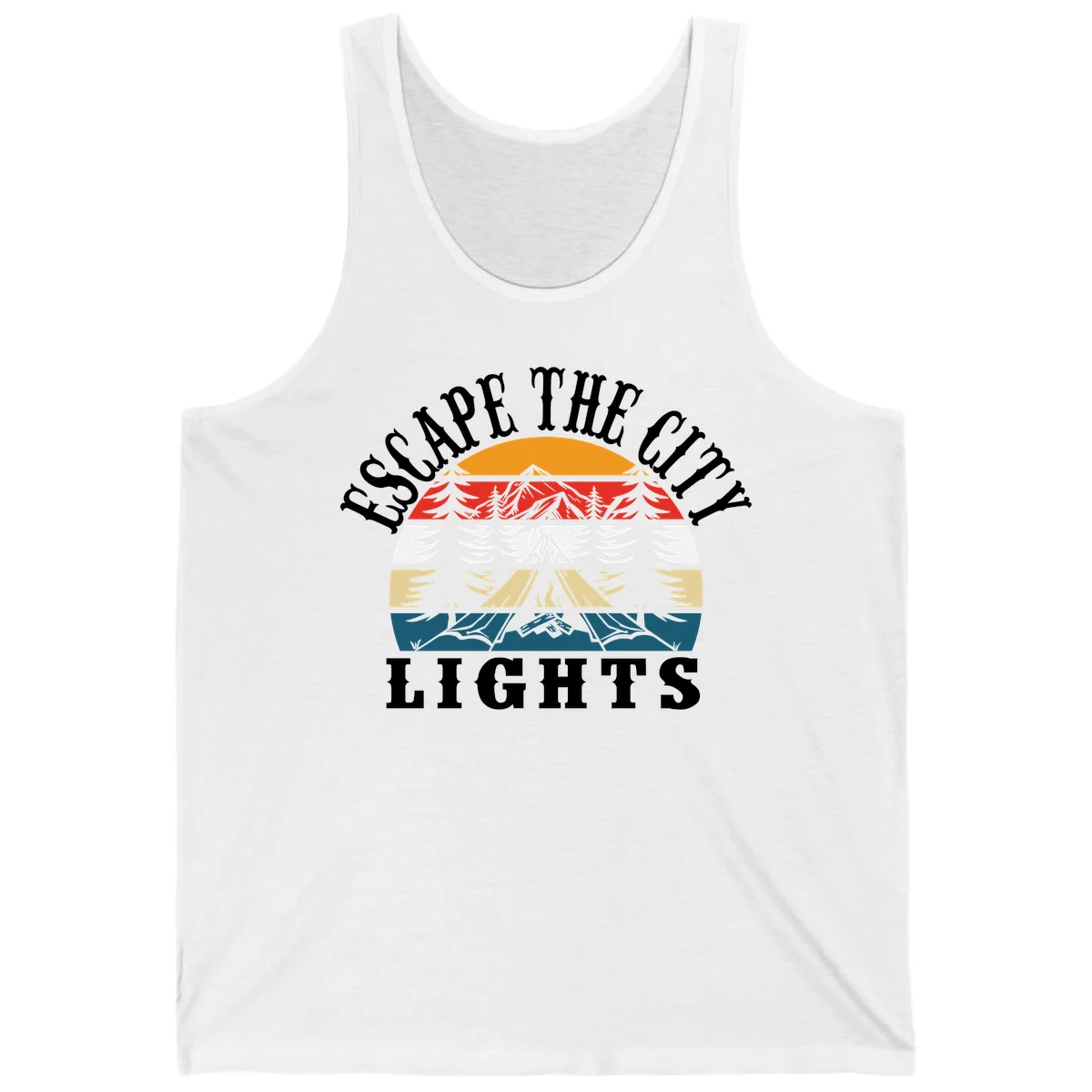 Circular badge with mountain peak, campfire, and layered landscape in orange, red, white, tan, and teal with 'Respect The Campfire Lights' text. in White