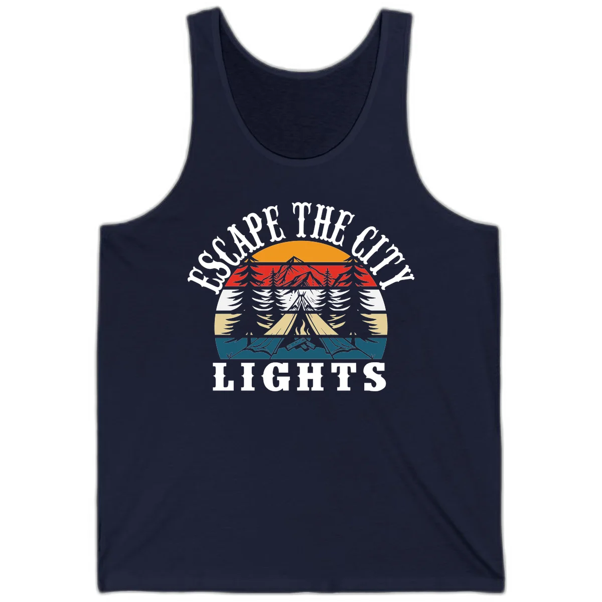 Circular badge with mountain peak, campfire, and layered landscape in orange, red, white, tan, and teal with 'Respect The Campfire Lights' text. in Navy