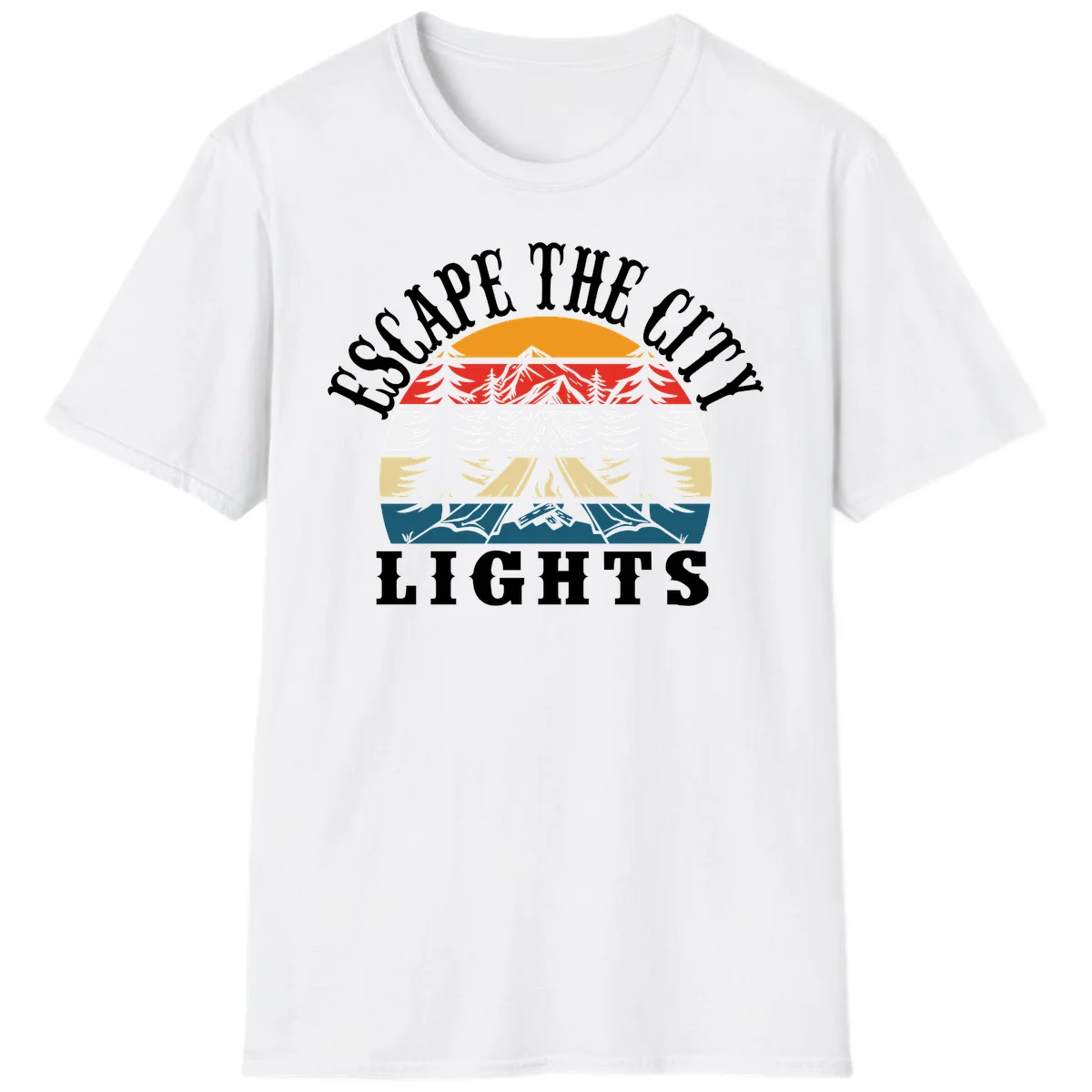 Circular badge with mountain peak, campfire, and layered landscape in orange, red, white, tan, and teal with 'Respect The Campfire Lights' text. in White