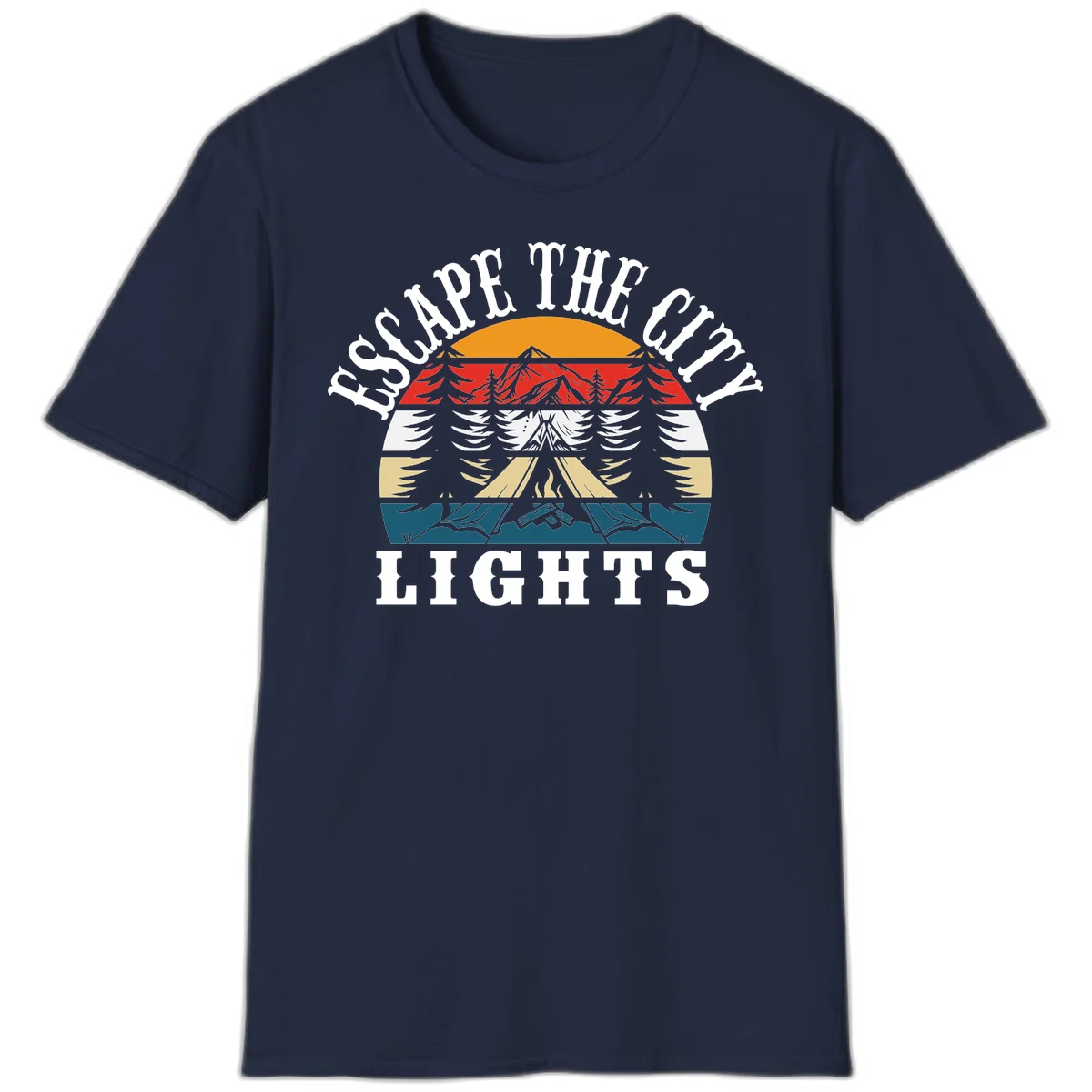 Circular badge with mountain peak, campfire, and layered landscape in orange, red, white, tan, and teal with 'Respect The Campfire Lights' text. in Navy
