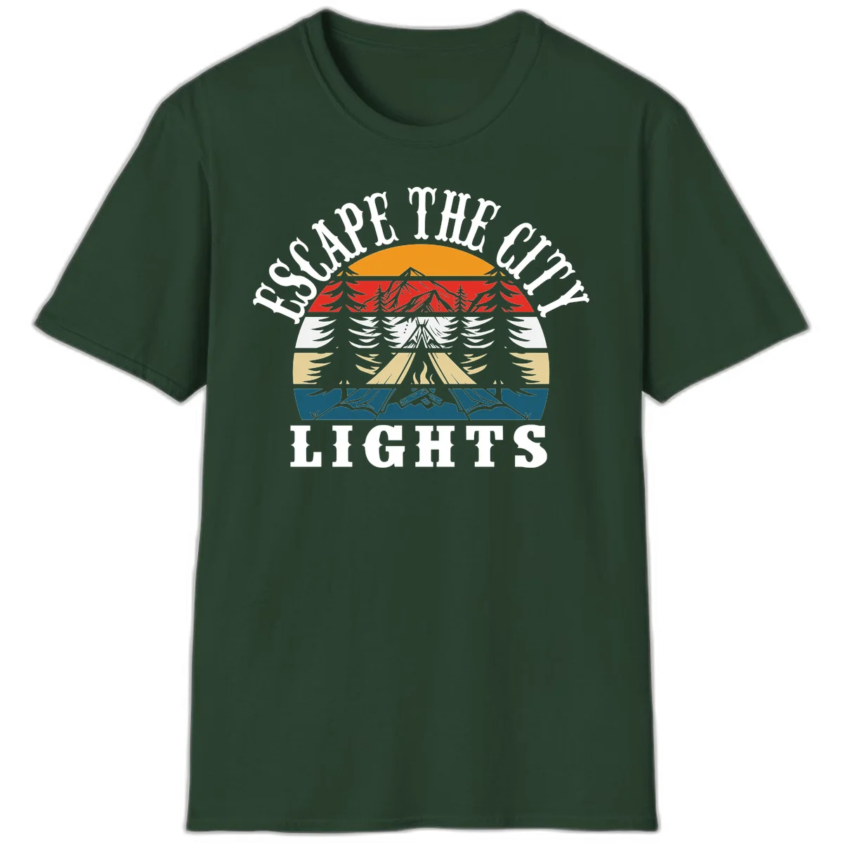 Circular badge with mountain peak, campfire, and layered landscape in orange, red, white, tan, and teal with 'Respect The Campfire Lights' text. in Forest Green