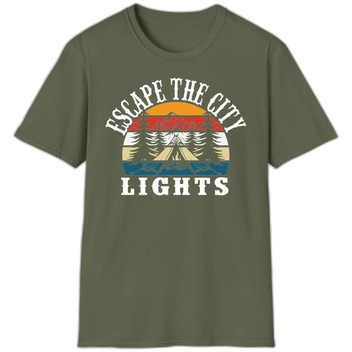 Circular badge with mountain peak, campfire, and layered landscape in orange, red, white, tan, and teal with 'Respect The Campfire Lights' text. in Military Green