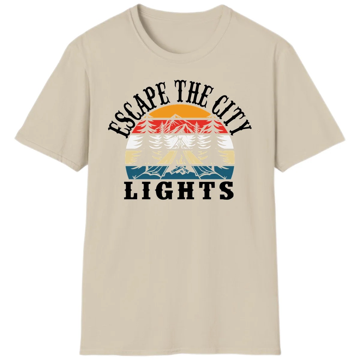 Circular badge with mountain peak, campfire, and layered landscape in orange, red, white, tan, and teal with 'Respect The Campfire Lights' text. in Sand