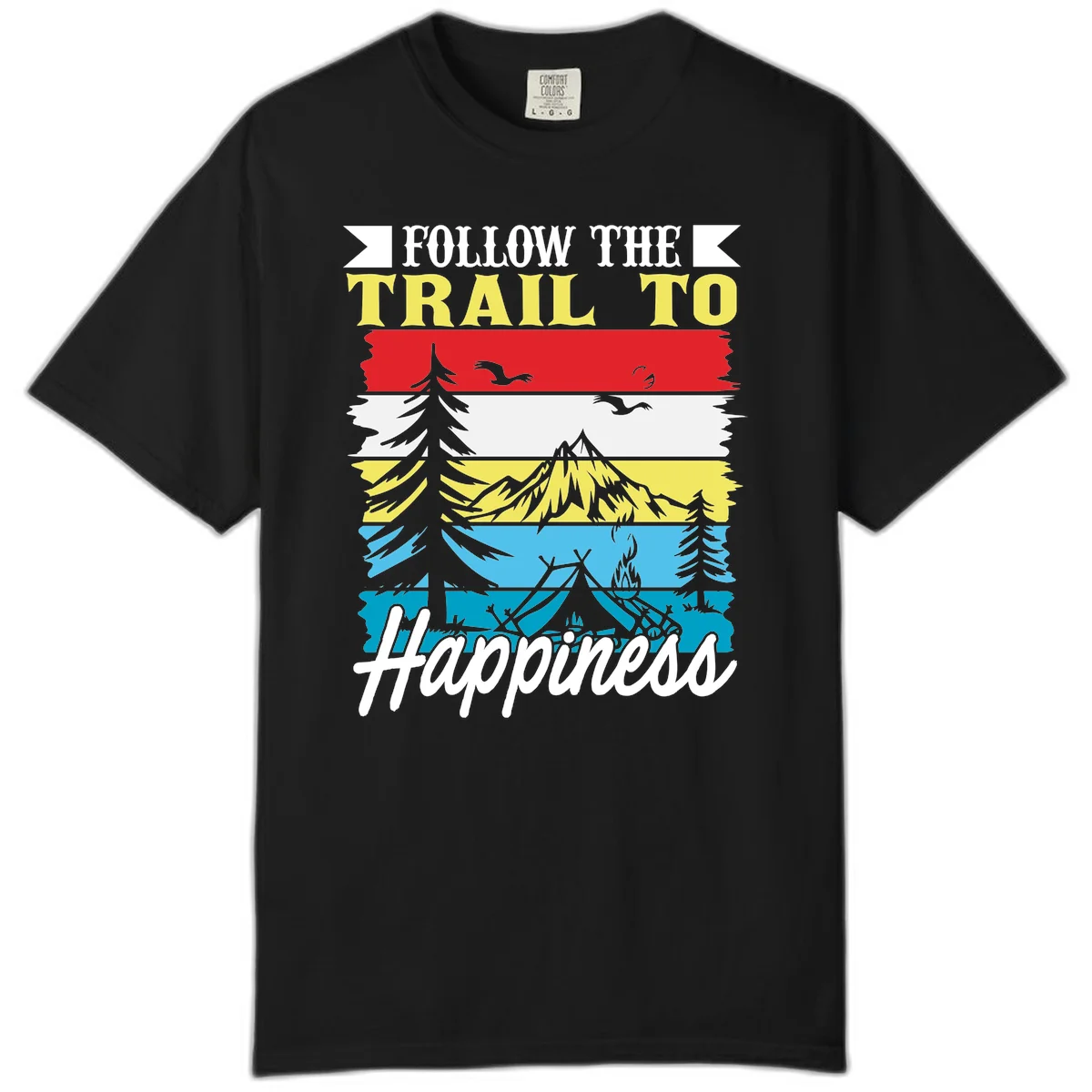 Striped landscape illustration with 'Follow The Trail To Happiness' text, featuring camping, hiking, and outdoor silhouettes across forest, mountain, and water scenes. in Black
