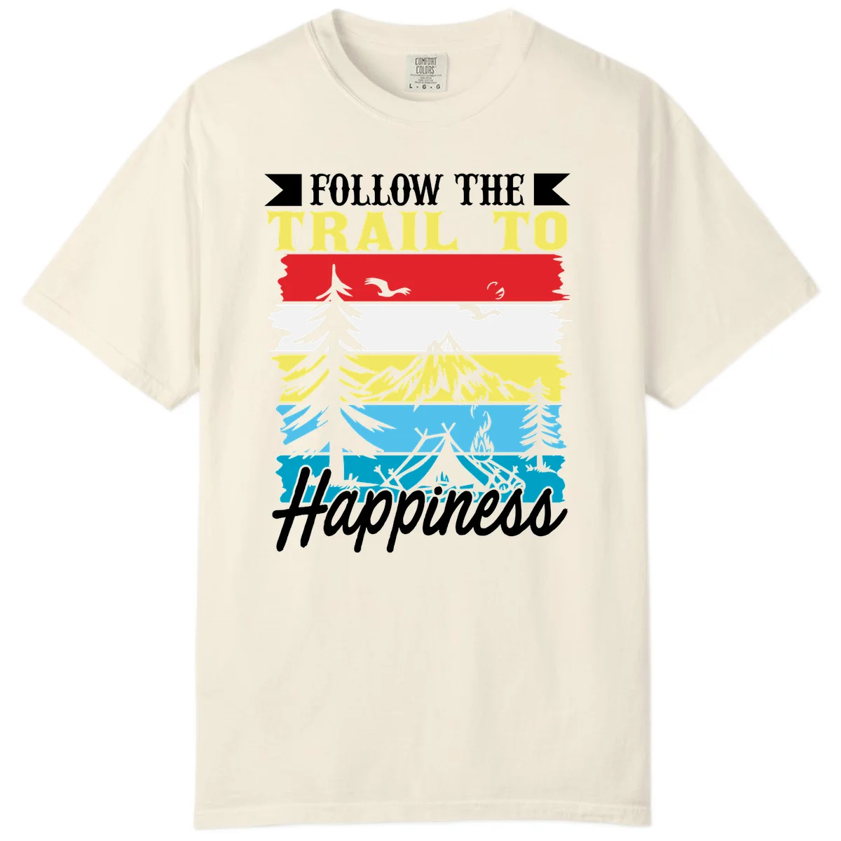 Striped landscape illustration with 'Follow The Trail To Happiness' text, featuring camping, hiking, and outdoor silhouettes across forest, mountain, and water scenes. in Ivory