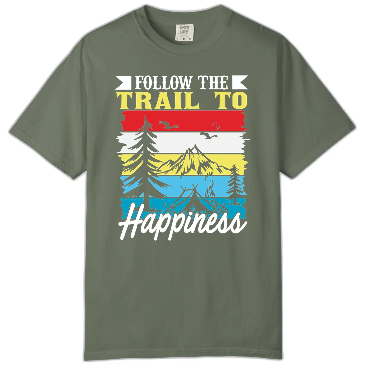 Striped landscape illustration with 'Follow The Trail To Happiness' text, featuring camping, hiking, and outdoor silhouettes across forest, mountain, and water scenes. in Moss