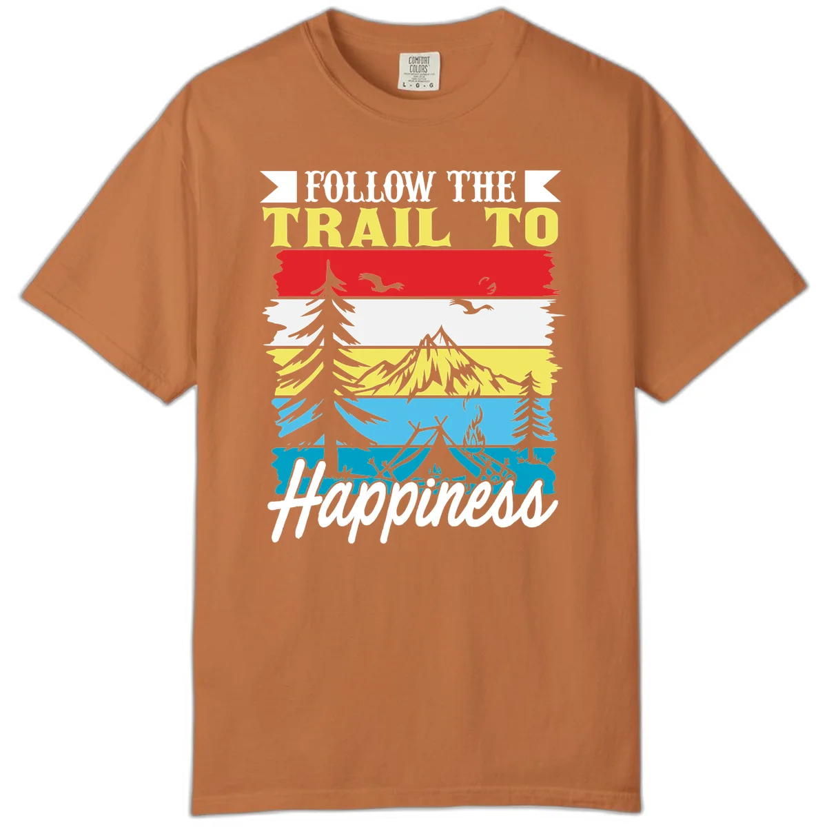 Striped landscape illustration with 'Follow The Trail To Happiness' text, featuring camping, hiking, and outdoor silhouettes across forest, mountain, and water scenes. in Yam