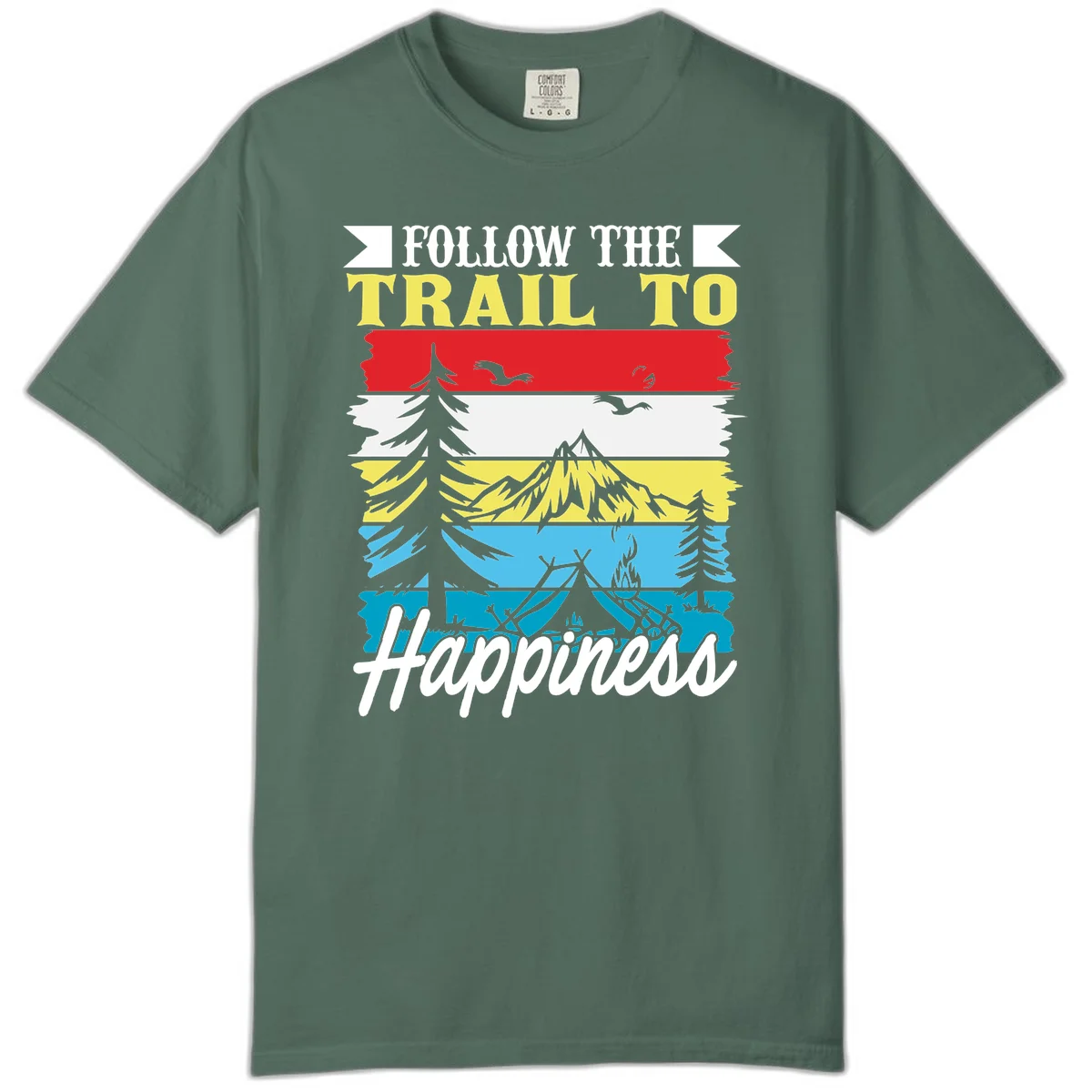 Striped landscape illustration with 'Follow The Trail To Happiness' text, featuring camping, hiking, and outdoor silhouettes across forest, mountain, and water scenes. in Blue Spruce
