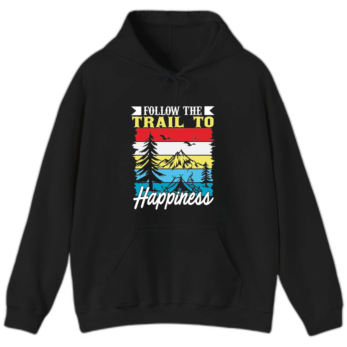 Striped landscape illustration with 'Follow The Trail To Happiness' text, featuring camping, hiking, and outdoor silhouettes across forest, mountain, and water scenes. in Black